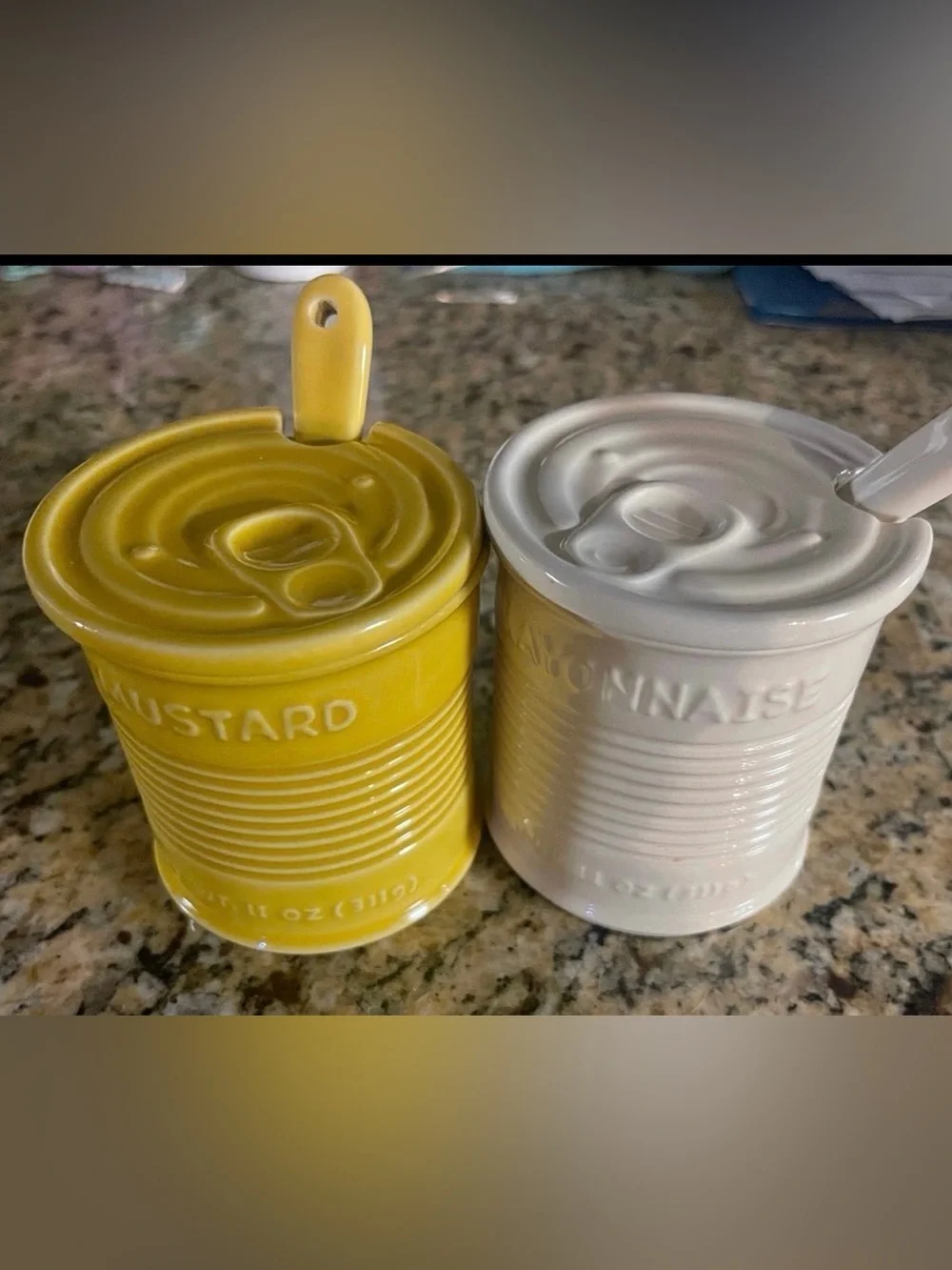 Williams and Sonoma condiment ceramic jars with spoons mayo and mustard